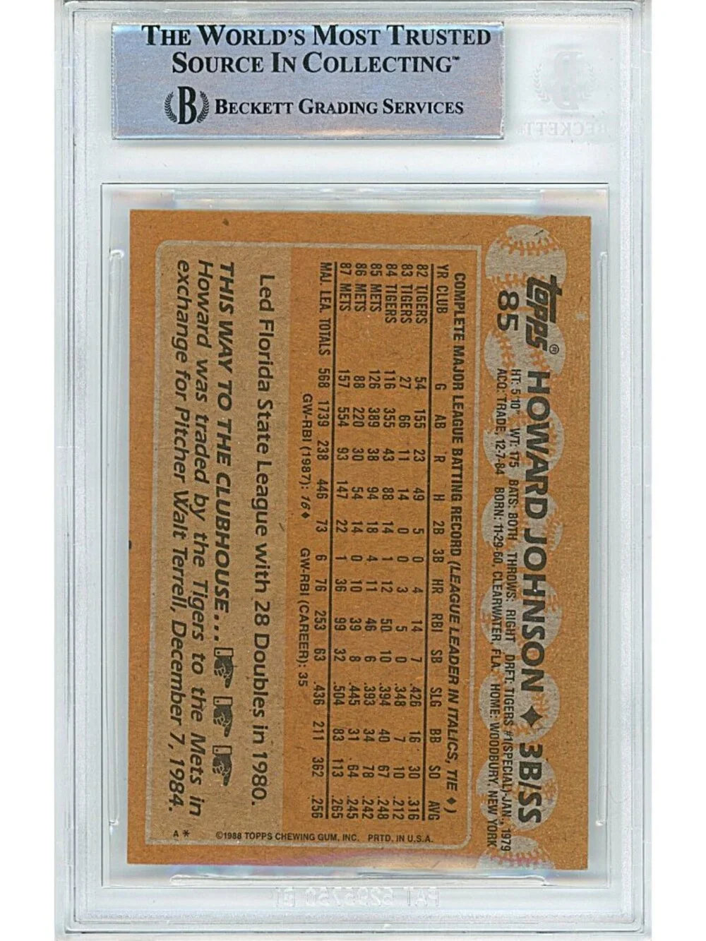Howard Johnson Signed 1988 Topps Baseball Card NY Mets Beckett Slab Autograph